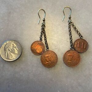 Real coin dangle earrings with gold-tone (brass?) chains and ear wires